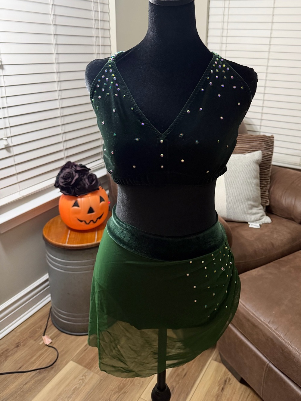 Dark Green Velvet Two-Piece Mini dance Set Crystal Embellishments adult small